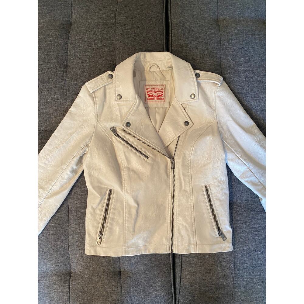 Cream Levi Strauss & Co Faux Leather Biker Moto Jacket Small Women - Picture 3 of 9